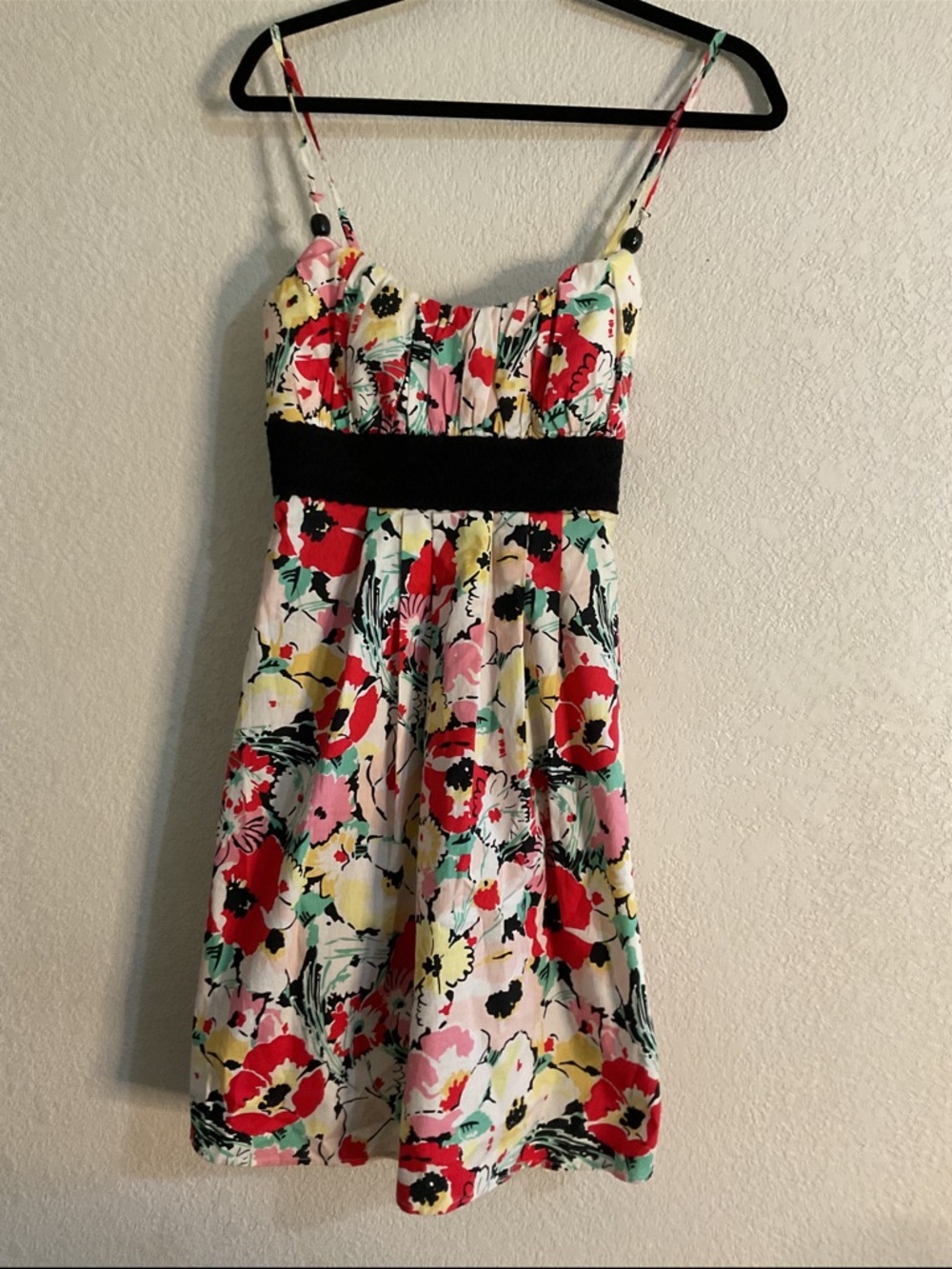 LOVE TEASE VINTAGE Y2K BLACK LACE EMPIRE WAIST,VIBRANT, FLORAL DRESS,PARTY EUC